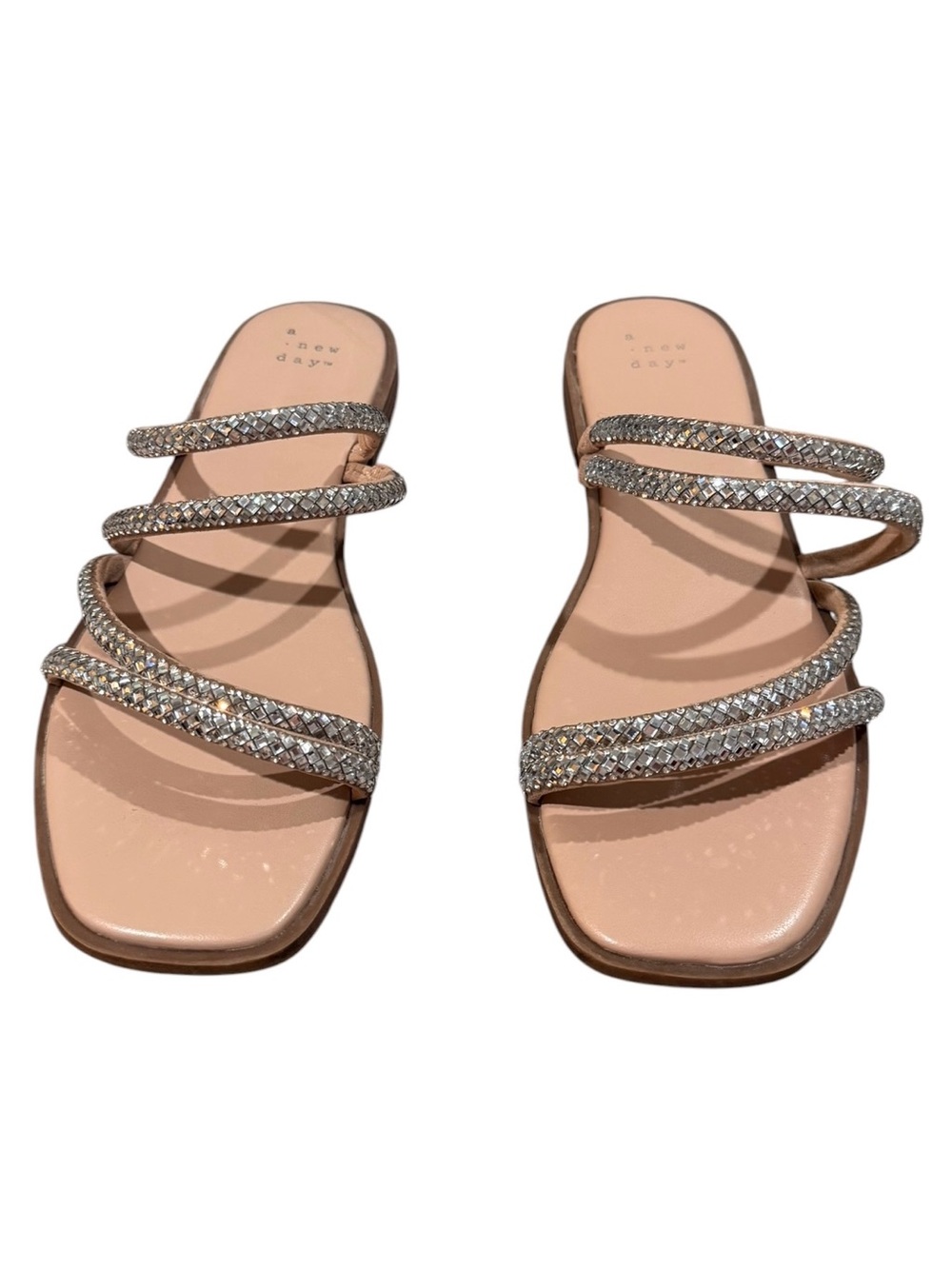 A New Day Rhinestone Crystal Strappy Slide Sandals Square Toe 8.5